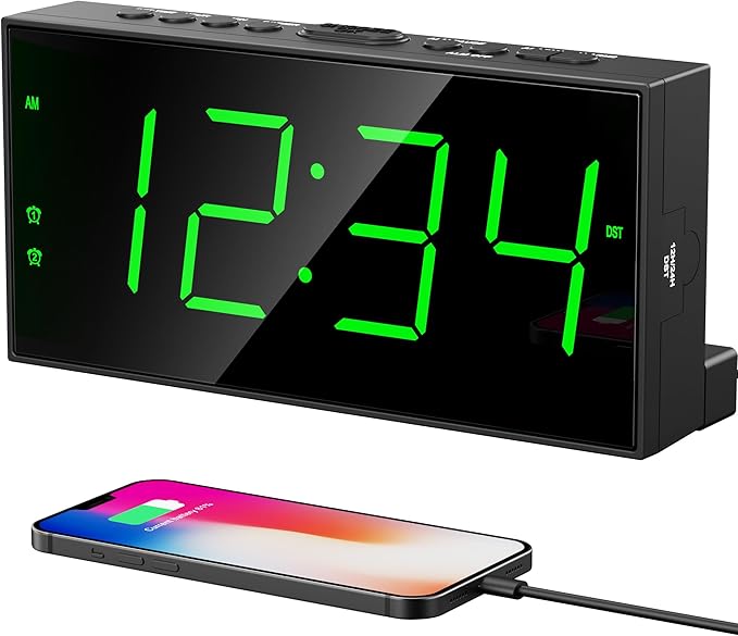 PPLEE Digital Alarm Clock for Bedroom, 2 Alarms Large Big Numbers Display with Dimmer for Living Room, Electric Bedside Desk Clock with Power Adapter, USB Charger, Adjustable Volume, Green LED Display