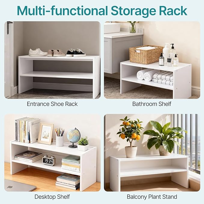 DUMOS 24 Inch Stackable White Shoe Rack, 2-Tier Wooden Storage Benches Organizer, Freestanding Entryway Bench for 6-9 Pairs Shoes, for Entryway, Office, Bathroom Use, White