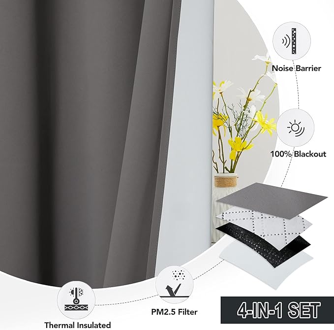 RYB HOME Noise Reducing Barrier for Bedroom, Totally Blackout Drapes Energy Smart Window Treatment Anti Dust Divider Curtains PM2.5 Pollen Smog Filtering, Grey, W52 x L72 inch, 2 Panel