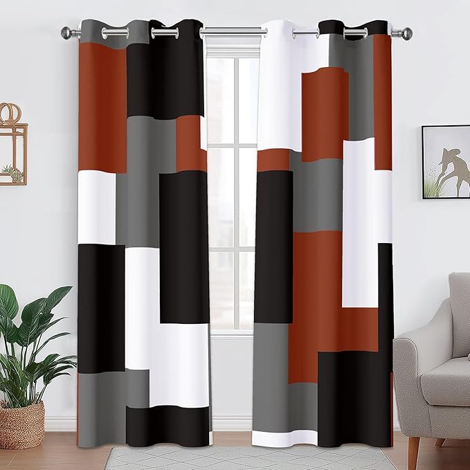 Burnt Orange 100% Blackout Curtains for Bedroom 63 inch Length 2 Panels Set Grey Modern Abstract Geometric Fall Black Out Curtains Insulated Room Darkening Window Drapes for Living Room, 42Wx63L