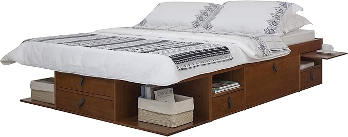 memomad Bali Storage Platform Bed with Drawers (Queen Size, Caramel Brown Wood)