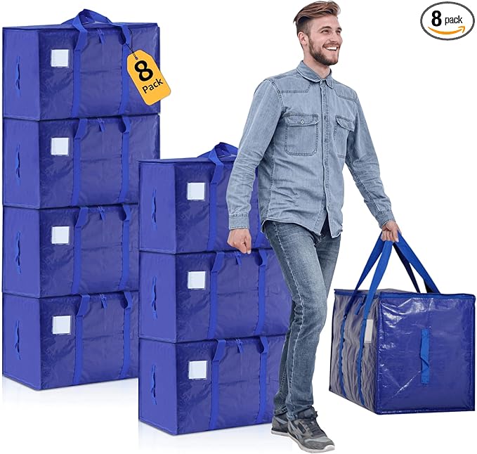 Moving Bags Heavy Duty Extra Large, Moving Boxes, Moving Supplies Essentials, Blue Storage Bins with Lids, Plastic Packing Totes, Storage Bags for Clothes with Handles & Zippers(Blue, 8 Pack)