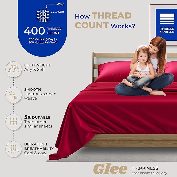 THREAD SPREAD 400 Thread Count King Cotton Sheets - 4 PC King Size Bed Sheet Set Cotton (Cherry Red), Soft, Cooling, Hotel-Quality 16" Deep Pocket Sateen Bedsheet for Hot Sleepers (Fits 18" Mattress)
