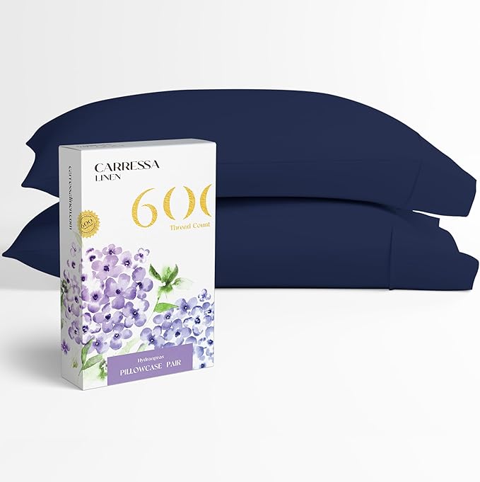 Carressa Linen 100% Egyptian Cotton Pillow Cases Queen Size Set of 2 - Luxury 600 Thread Count Navy Blue Standard/Queen Size Pillowcases, Silky Soft, Cooling Sateen Weave Hotel Quality Pillow Cover