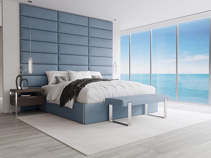 VANT Upholstered Bed Bench - Micro Suede Ocean Blue - Brushed Nickel - Contemporary Modern, Bedroom Bench Seat, Hallway, or Entryway