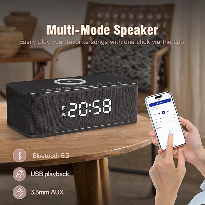 Dual Alarm Clock Radio Bedroom, Digital Alarm Clocks Bedrooms Bluetooth, Up to 10 Bedroom Alarms Clock White Noise 23 Soothing Sounds App/Button Control Snooze 12/24H FM Speaker Charging, Black