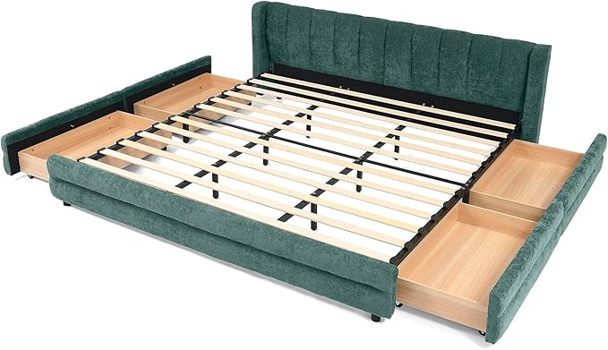 DEINPPA King Size Bed Frame with 4 Storage Drawers and Cloud Soft Headboard, Chenille Upholstered Grounded Wood Base Bed Frame, No Box Spring Needed-Blue+Green