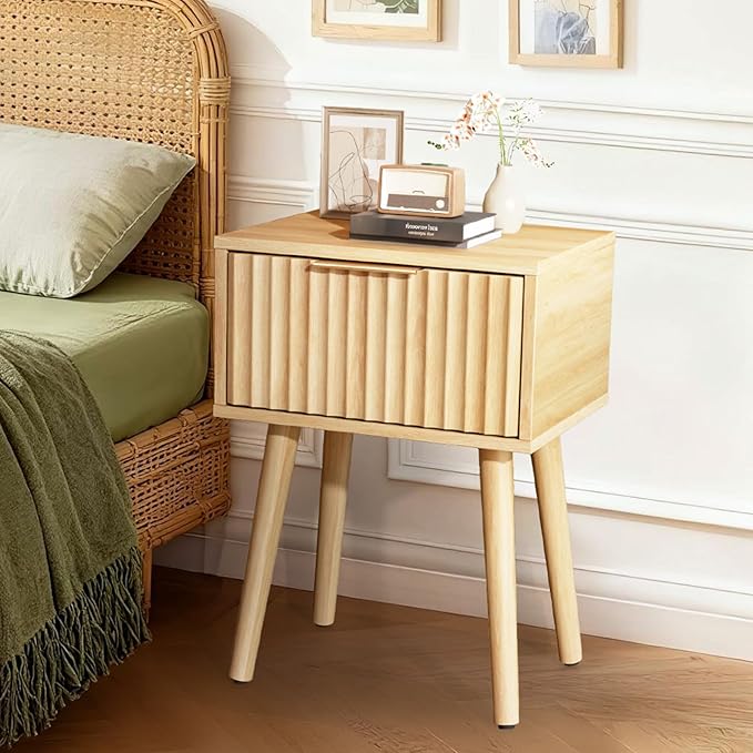 VINGLI Night Stand Set 2, Fluted Nightstands with Drawer, Mid Century Modern Nightstands Set of 2, Bedside Table, End Table, Wood Nightstand for Bedroom, Natural Oak, 15.75" W*11.81" D*21.85" H