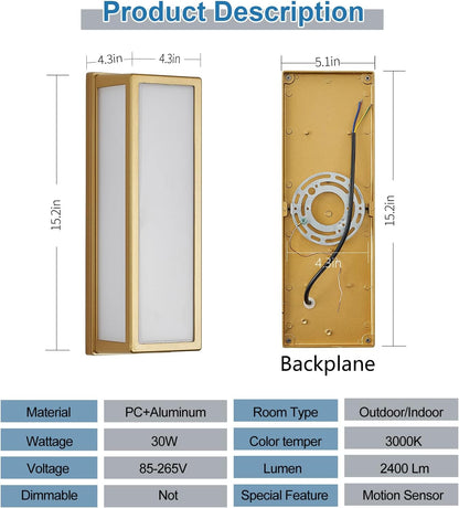 2-Pack Outdoor Wall Light LED 30W Aluminum - Gold Modern Exterior Sconce,3000K Warm,Waterproof Rectangular Porch Wall Mount Lighting Brightens to Patio,Garage,Front Door