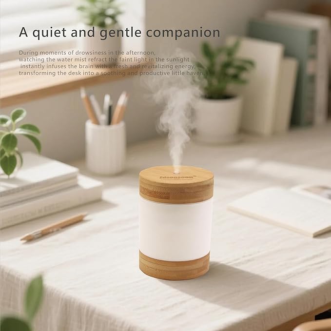 Bamboo Ultrasonic Mini Humidifier, 400ml Quiet Desktop Humidifier with Dual LED Night Light, USB-C Powered, Auto Shut-Off, Portable Small Room Air Moisturizer for Bedroom, Desk, Office & Travel