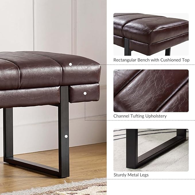 HULALA HOME 53" Faux Leather Entryway Bench, Button Tufted End of Bed Bench Ottoman for Bedroom, Living Room with Metal Base,Brown