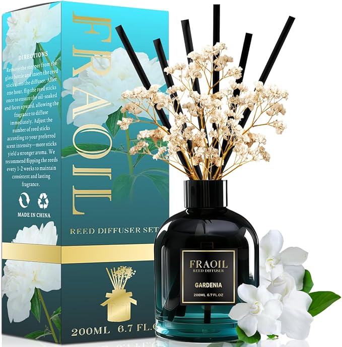 Gardenia Reed Diffuser, Reed Diffuser Set 6.7 fl oz (200 ml) with 6 Reed Sticks, Home Fragrance Reed Diffuser for Bathroom Shelf House Bedroom Office Decor