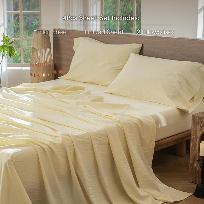 MooMee Bedding Sheet Set 100% Washed Cotton Linen Like Textured Breathable Durable Soft Comfy (Heathered Butter Yellow, Full)