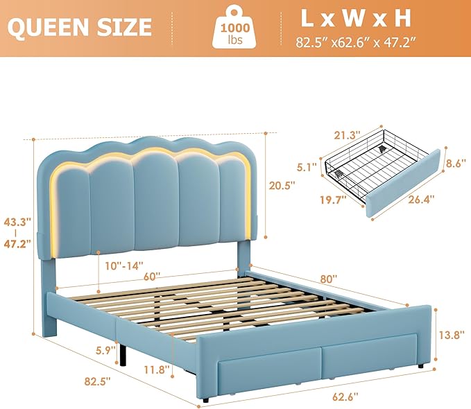 Velvet Upholstered Queen LED Bed Frame with 2 Storage Drawers and Adjustable Chic Double Wavy Headboard, Princess Platform Bed with Charing Station, Solid Wood Slats Support,No Box Spring Needed,Blue
