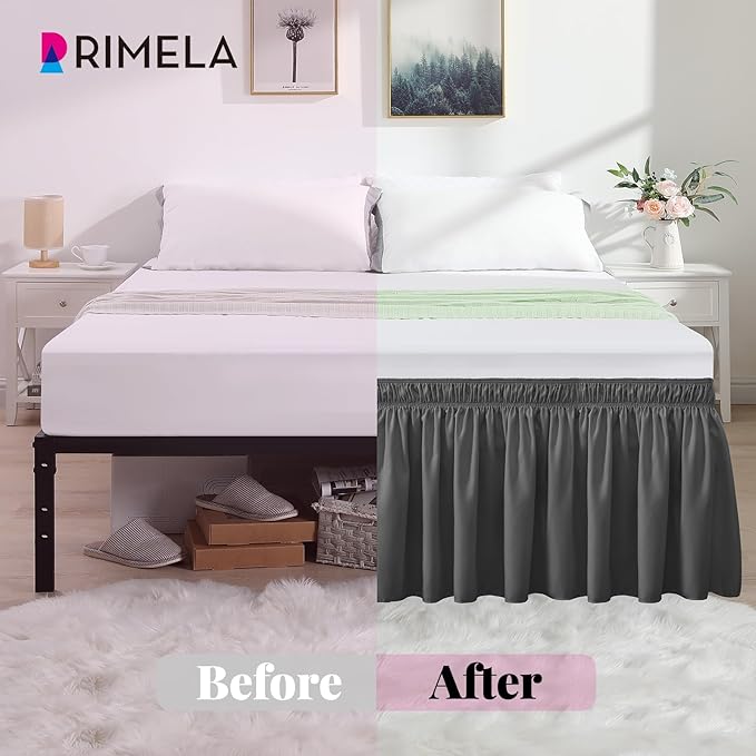 RIMELA Dark Grey Bed Skirt Queen Size 12 Inch Drop, Elastic Bed Skirting for Bed Base and Frame, Bedding Dust Ruffle Easy to Install, Lightweight Comforter Set with Wrap Around Adjustable Bedskirt