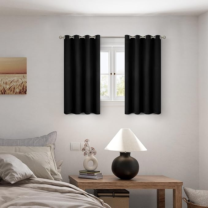 BGment Short 100% Blackout Curtains for Bedroom, Thermal Insulated Energy Efficiency Noise Reducing Grommet Curtains 54 Inch Length with Liner for Small Window 2 Panels Each 52 Inch Wide, Black