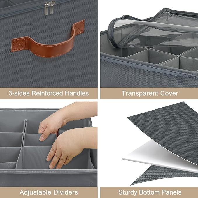 Shoe Organizer for Closet, Foldable Shoe Storage Box with Clear Top Lid, 3 Leather Handles, Adjustable Dividers, Fits 8-16 Pairs, Stackable Shoe Bin for Bedroom (Gray, 2 PCS/16.9*11.8*1.57 inch)