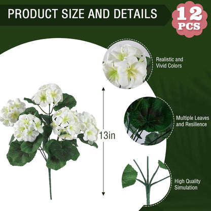 Hananona 12 Pcs Artificial Geranium Flowers for Outdoors Geranium Silk White Flower Outdoor UV Resistant Garden Plants Faux Flowers for Home Kitchen WeddingTable Centerpieces Decor (12, White)