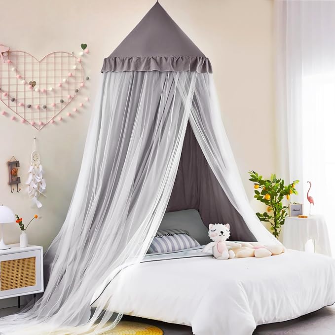 Kertnic 31.5inch Large Dome Bed Canopy for Girls, Double Layer Dreamy Ruffle Princess Canopy, Bedroom Hanging Tent Kids Reading Nook Canopies,Full Queen Bed Canopy Curtain (Gray)