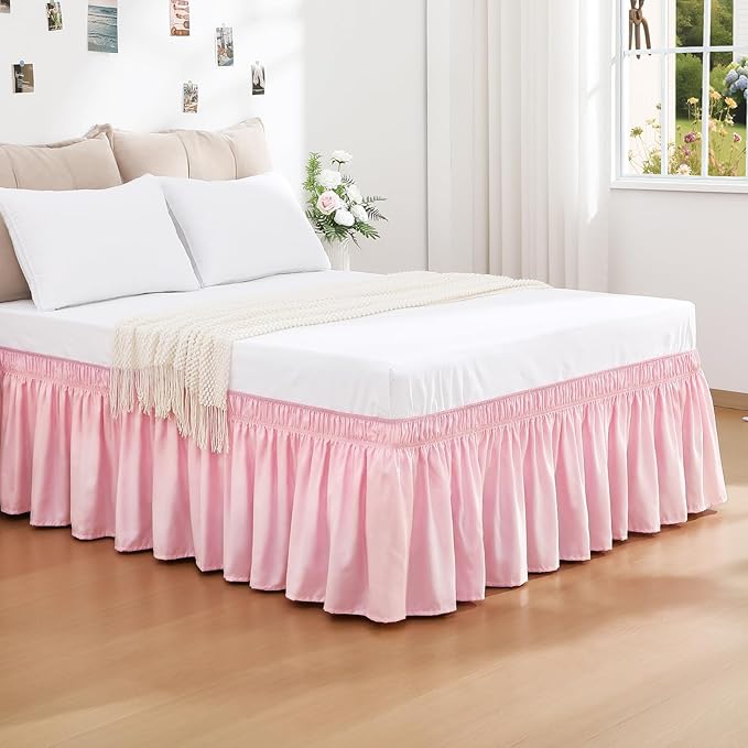 RIMELA Dusty Pink Bed Skirt Queen Size 15 Inch Drop, Wrap Around Elastic Bedskirt, Dust Ruffle for Adjustable Bed Base Machine Washable Easy to Install Bed Skirts
