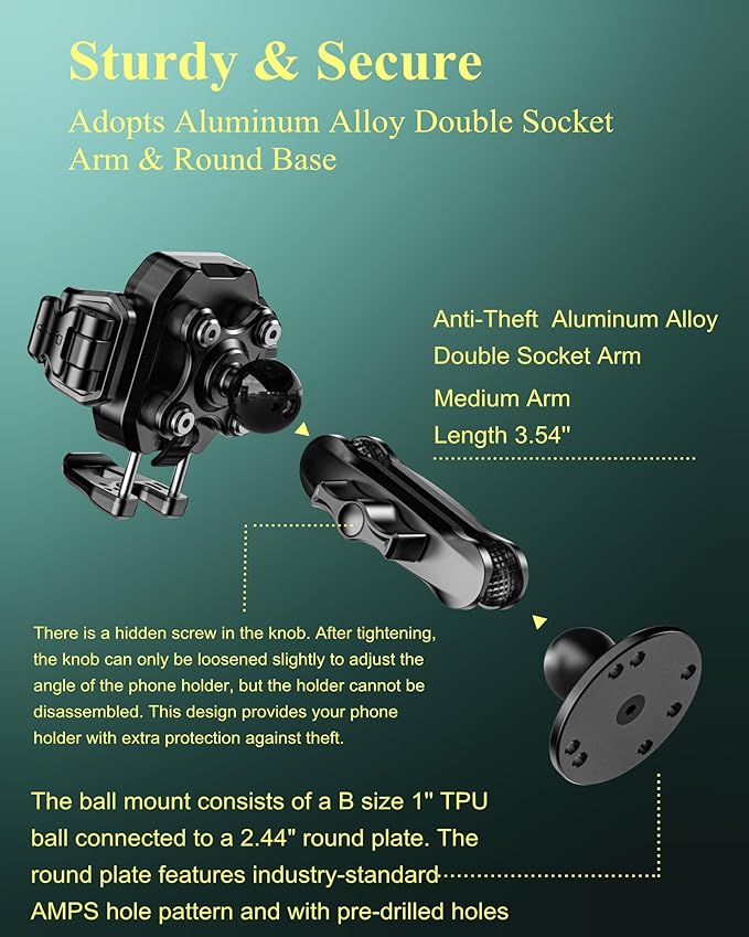 BRCOVAN Anti-Theft Phone Mount Holder with Vibration Dampener [Camera Friendly] [1s Lock & Release] with Aluminum Round Base & Medium Arm, for Car Boat Truck Motorcycle UTV, Fit 5.4-7.2'' Smartphones