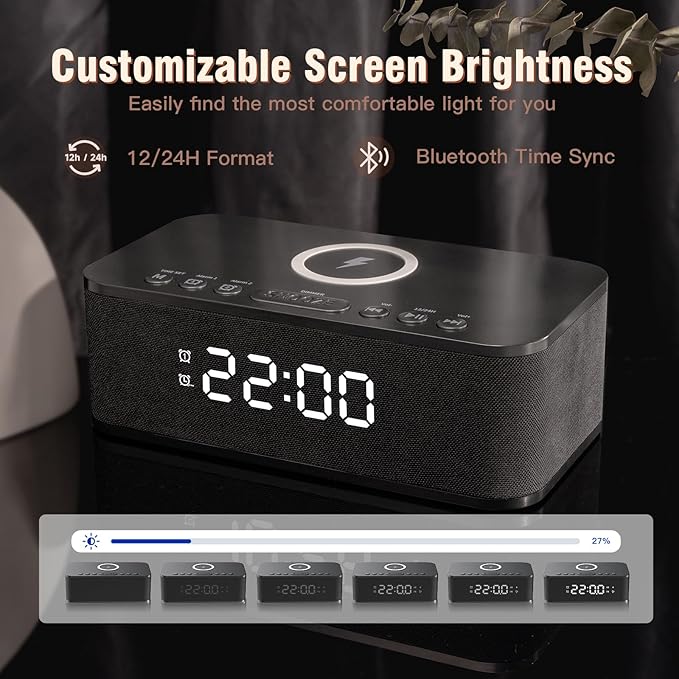 Dual Alarm Clock Radio Bedroom, Digital Alarm Clocks Bedrooms Bluetooth, Up to 10 Bedroom Alarms Clock White Noise 23 Soothing Sounds App/Button Control Snooze 12/24H FM Speaker Charging, Black