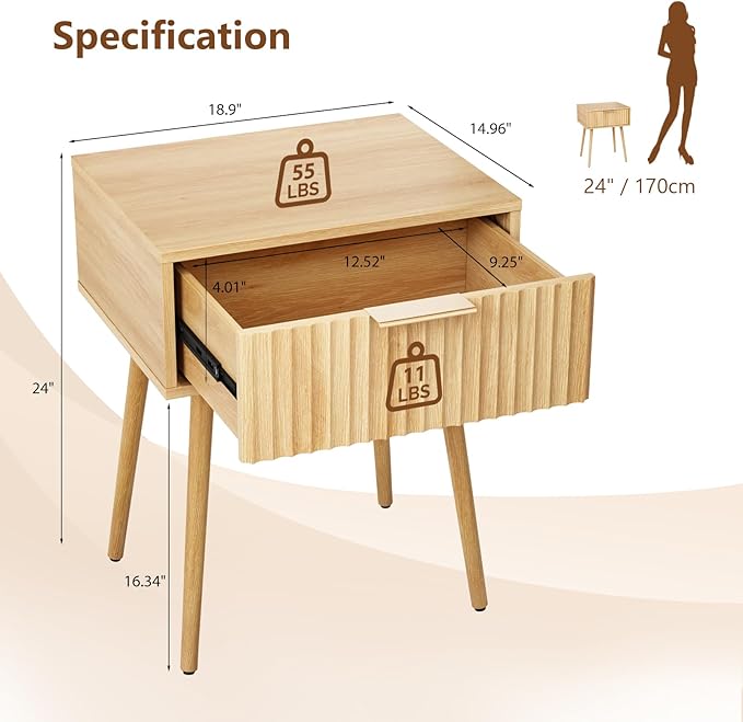 VINGLI Nightstands Set of 2, Fluted Night Stand with Drawer, Bedside Table, Wood Nightstand for Bedroom, Mid Century Modern End Tables, Natural Oak, 18.9" W*14.96" D*24" H