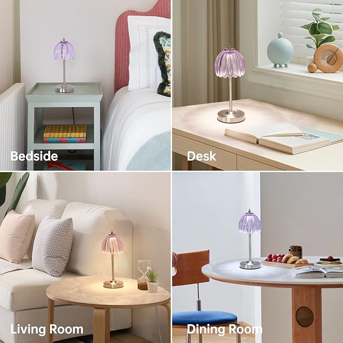 Tulip Table Lamp with 5200mAh Battery & Touch Control, Cordless Small Table Lamp with 3 Colors, Dimmable Rechargeable Table Lamps for Living Room, Bedroom, Desk, Bedside (Clear Purple Tulip)