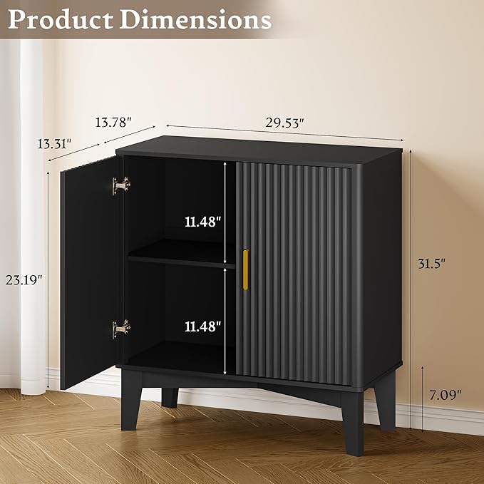 Storage Cabinet with Doors and Adjustable Shelf, Modern Fluted Sideboard Buffet Cabinet, Freestanding Coffee Bar for Kitchen, Pantry, Entryway, Living Room (Black)