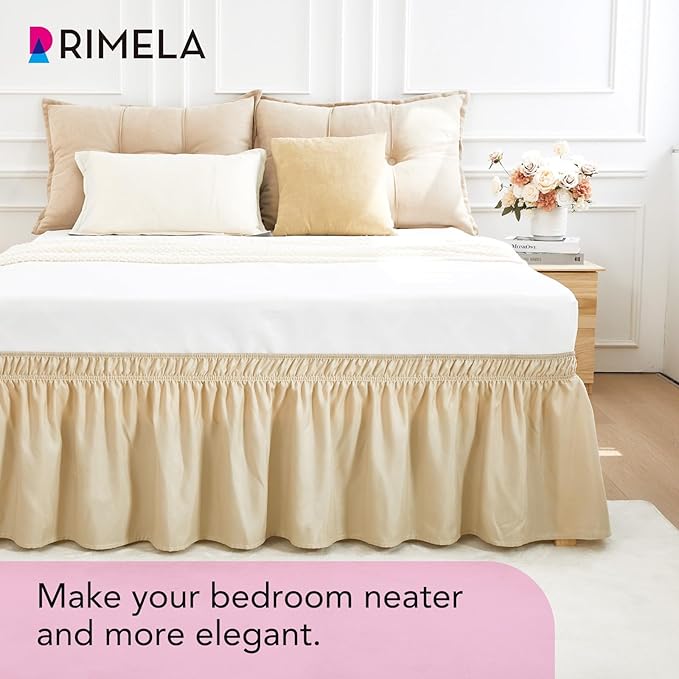 RIMELA Oatmeal Bed Skirt Queen Size 18 Inch Drop, Elastic Bed Skirting for Bed Base and Frame, Bedding Dust Ruffle Easy to Install, Lightweight Wrap Around Adjustable Bedskirt