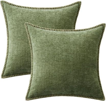 MIULEE Pack of 2 Fall Couch Throw Pillow Covers 18x18 Inch Sage Green Farmhouse Decorative Pillow Covers with Stitched Edge Soft Chenille Solid Dyed Spring Pillow Covers for Sofa Bed Living Room