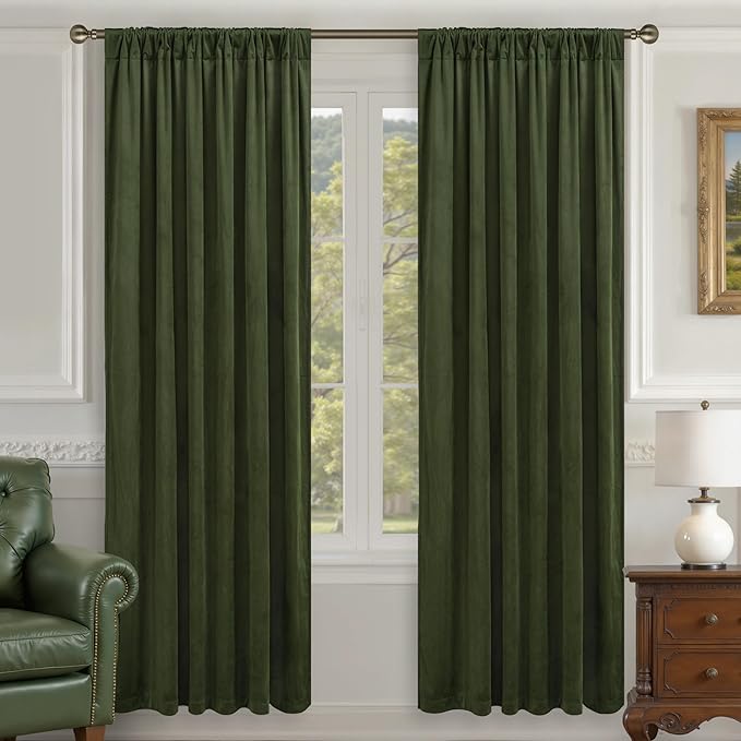 LAMIT Olive Green Velvet Curtains 80 Inch for Living Room, Thick Blackout Thermal Insulated Panels Room Darkening Country Decor Back Tab and Rod Pocket Drapes for Bedroom, 2 Panels, 52 x 80 Inch