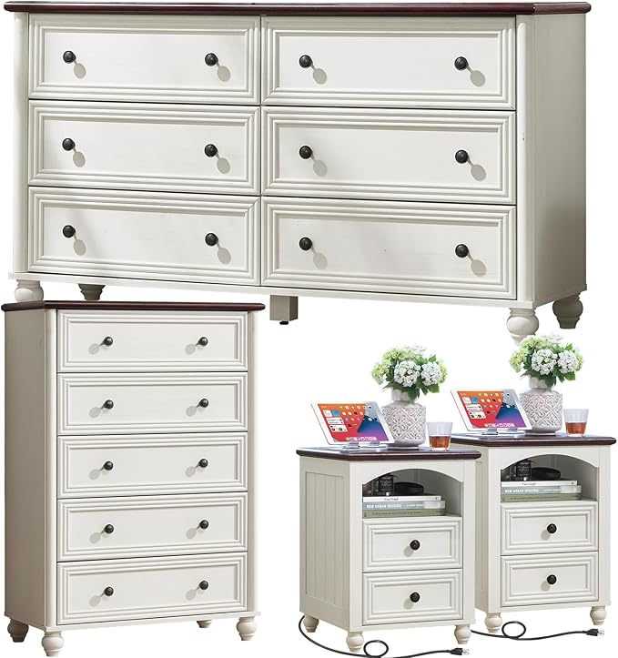 Farmhouse Dressers & Night Stand Set of 4, Wood 54" Wide Dresser & 45" Tall Chest of Drawers, 18" with Charging Station Nightstand Set of 2, Bedroom Furniture Dresser Set for Home Living Room Hallway