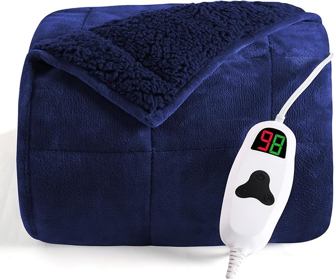 CYMULA Heated Weighted Blanket for Adults, Weighted Heated Blanket 50" x 60", 13lbs Sherpa Fleece Weighted Electric Blanket Soft Heating Blanket with 10 Heating Levels & 1-8 Hours Auto Off, Navy