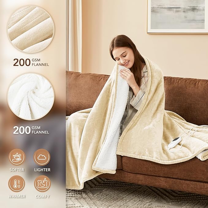 Homemate Electric Heated Blanket King Size - 100"x90" Heating Blanket King Size Dual Control 1/2/4/6/8 Hours Auto-Off 10 Heat Level Over-Heat Protection Flannel Sherpa ETL Certification
