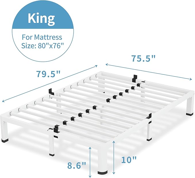 7 Inch White King Size Bed Frame, 3500Lbs Heavy Duty Metal Platform with Round Corner Legs Mattress Slide Stopper, Steel Slat Support No Box Spring Needed, Noise Free, Non-Slip, Easy Assembly