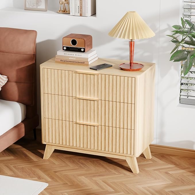 VINGLI Fluted Wood Nightstand 3 Drawer, 31.5" W Mid Century Modern Nightstand Tall, Fluted Bedside Table, End Table, Night Stand for Bedroom, Oak, 31.5" W*15.96" D*29.72" H