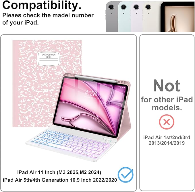 Supveco Keyboard Case for iPad Air 11 Inch (M3 2025,M2 2024),iPad Air 5th/4th Generation with Pencil Holder-7 Colors Backlit Wireless Detachable Folio Keyboard Cover with Soft TPU Back-Pink