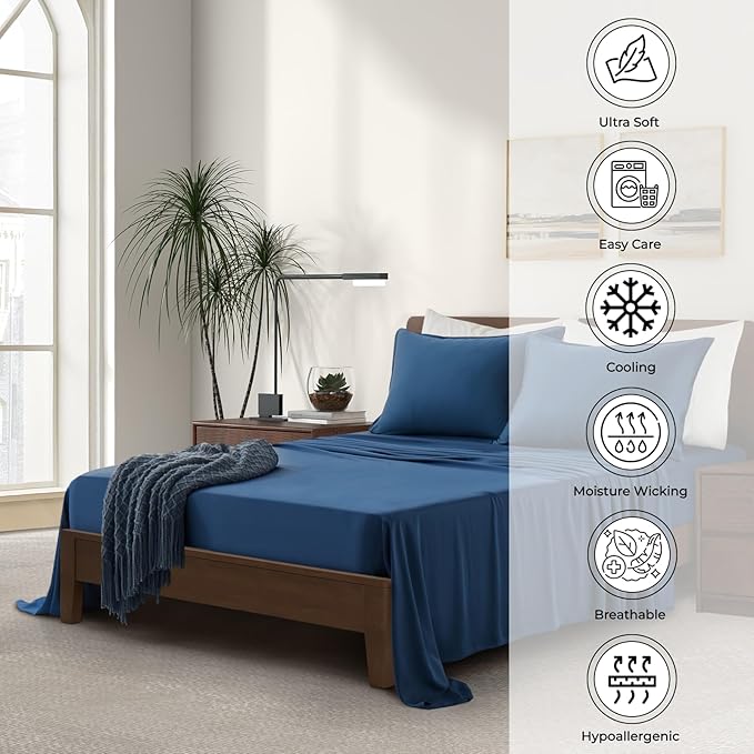 Full Size Sheet Set | 100% Viscose | Organically Grown | Ultra Soft | Cooling Sheets for Hot Sleepers | 17" Deep Pocket [Midnight Blue]