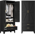 COFaR Metal Wardrobe Cabinet, 71 Farmhouse Armoire Wardrobe Closet with Rods, 2 Barn Doors, Adjustable Shelves, Steel with 2 Drawer Bedroom armoires, Black
