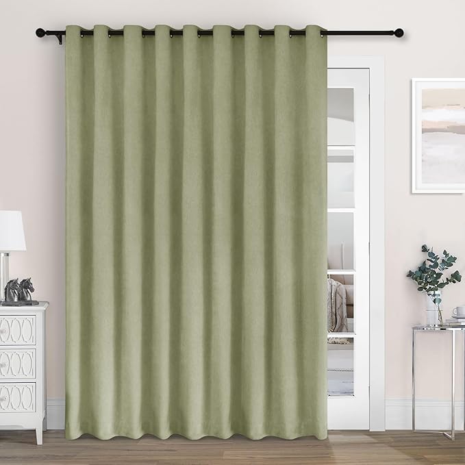 Macochico 100% Blackout Chenille Curtains for Sliding Door Thermal Insulated Noise Reducing Drapery for Living Room Bedroom Hotel, Grommet Curtains with Tieback, Green Tint, 120" Wx96 L 1 Panel