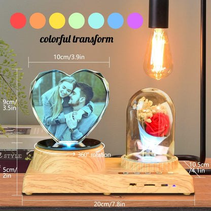Heart-Shaped Photo Customization Night Light Personalized 3D Crystal Lamp 7 Color Light Rose Bluetooth Rotation Crystal Photo Frame Best Gift for Couple Love Women Men Wedding Christmas