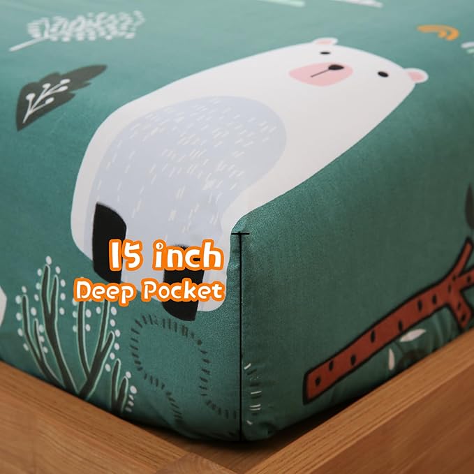 JSD Green Forest Animals Kids Sheet Set Twin Size, 3 Piece Woodland Printed Microfiber Bed Sheets Deep Pocket