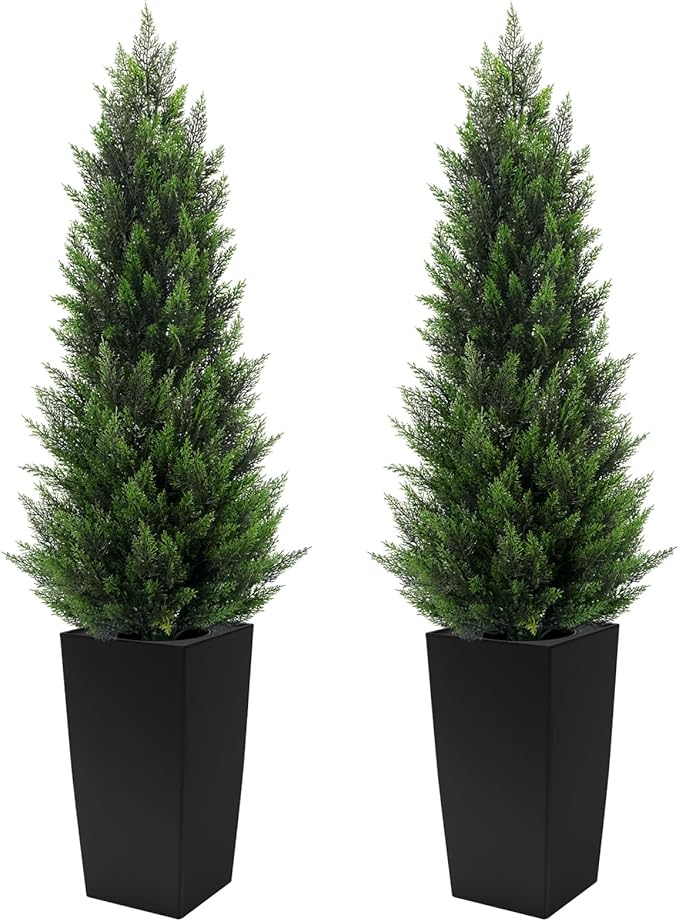 5FT Tall 2 Set Artificial Topiary Cedar Tree, Indoor Realistic Faux Cypress Plants with Square Flowerpot, Outdoor Evergreen Fake Shrubs for Home Living Room Front Porch Decor