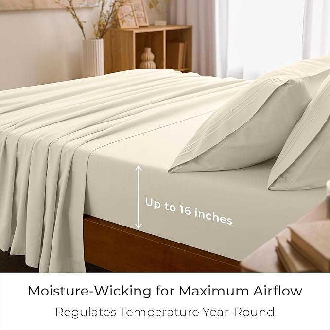 Mellanni Twin XL Sheet Set - 4-Piece Iconic Collection Bedding, (Including 2 Pillowcases), 16-Inch Deep Pocket, Easy Care, Extra Soft, Cooling Sheets, Brushed Microfiber - Golden Ivory