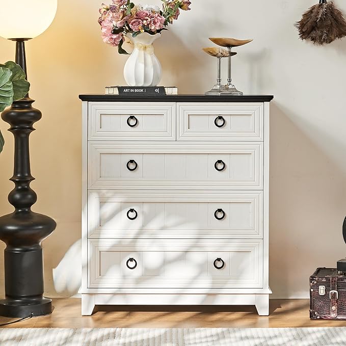 Farmhouse 5 Drawer Dresser for Bedroom, 33.2" Tall Small Dressers & Chest of Drawers, Rustic Wood Dresser with Metal Handle, Storage Organizer Closet for Living Room, Hallway, Entryway