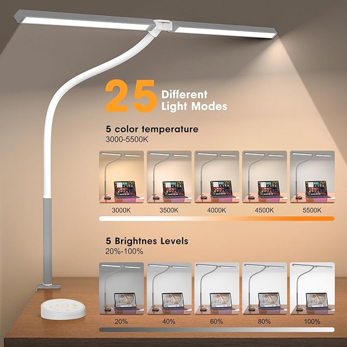 Led Desk Lamp for Office Home - Eye Caring Architect lamp with Clamp,Dual Screen Computer Monitor Work Smart Light: 24W 5 Color Flexible Adjustable Lighting Table Lamp for Study Drafting Grey