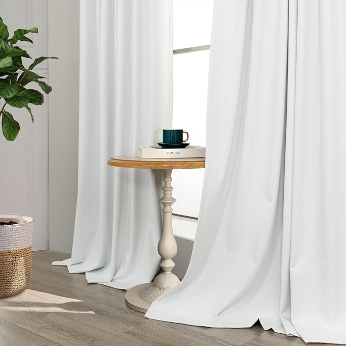 White Linen Complete Blackout Curtains 48 Inch Length for Kids Room 2 Panels Light Blocking Thermal Insulated Cold Reducing Noise Reduction Window Draperies for Bedroom Short Drapes 52 x 48 Long