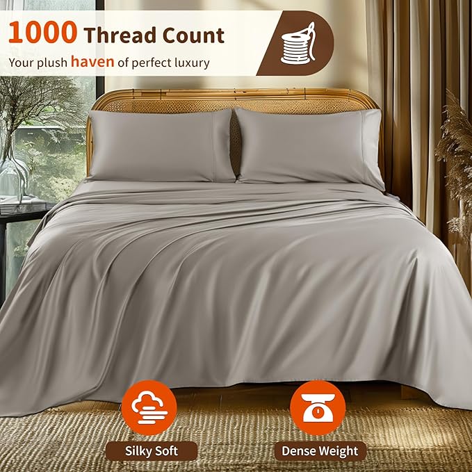 LBRO2M 1000 Thread Count 100% Egyptian Cotton Sheets Set Twin XL, 3 Piece Sets Bed Sheet Deep Pocket Sheet Set 16" Soft Comfortable All Season (Twin XL, Taupe)