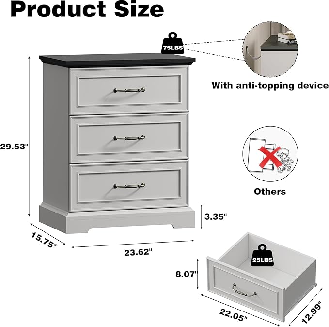 Farmhouse 3 Drawers Dresser for Bedroom, 24" Wide Modern Chest of Drawers with Deep Drawers & Bar Handles, Rustic Wood Nightstand, Wooden Closet Storage Organizer for Living Room, Hallway, White